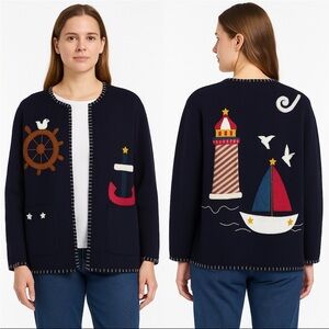 Women’s Fleece Open Front Cardigan Jacket Nautical Appliqué Whip Stitch Navy